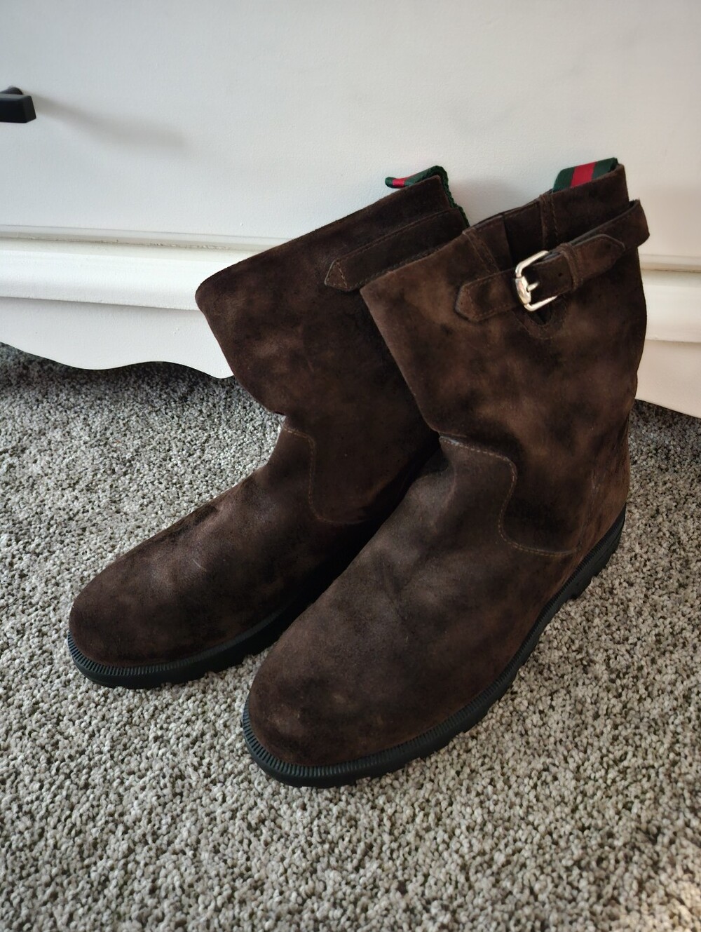Gucci Dark Brown Suede/leather Buckle Boots With Dust Bag And never Worn Sz 8